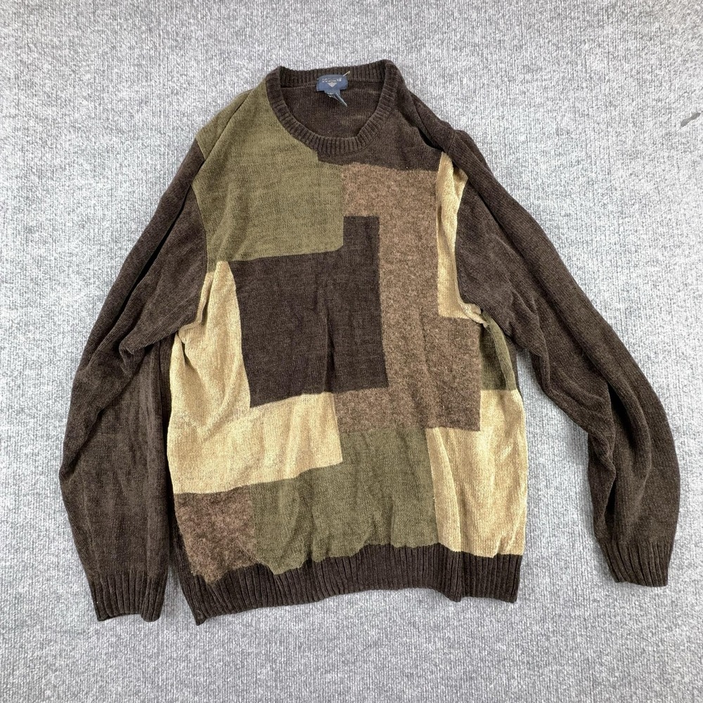 Dockers Sweater Mens XLT Brown Multi Geometric Patchwork Knit Crewneck Pullover